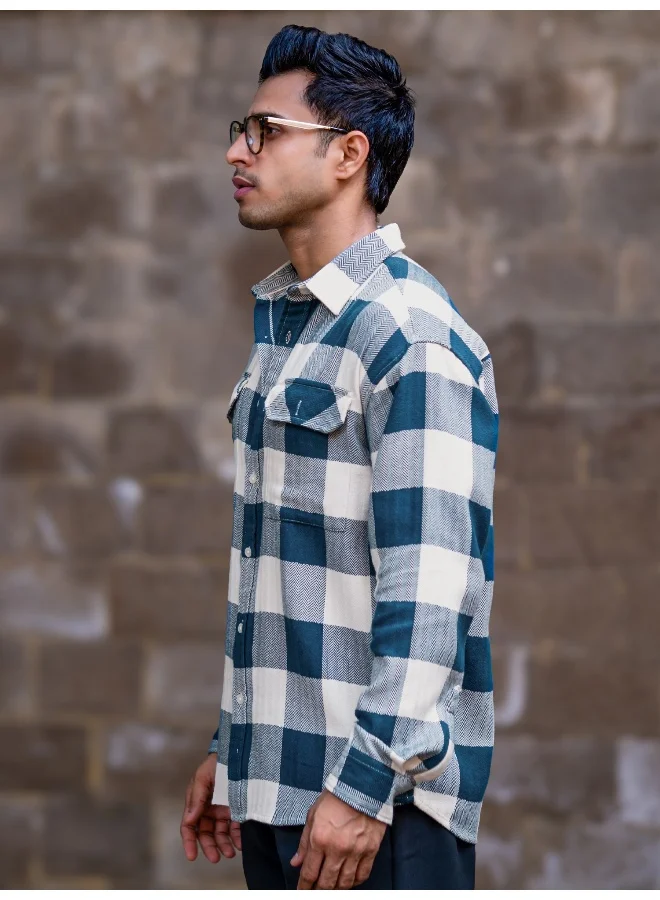 Maniac  Maniac Mens Herringbone Checks Full Sleeve Petrol Blue Cotton Shirt for Men | Best Price UAE