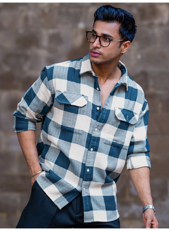 Maniac  Maniac Mens Herringbone Checks Full Sleeve Petrol Blue Cotton Shirt for Men | Best Price UAE