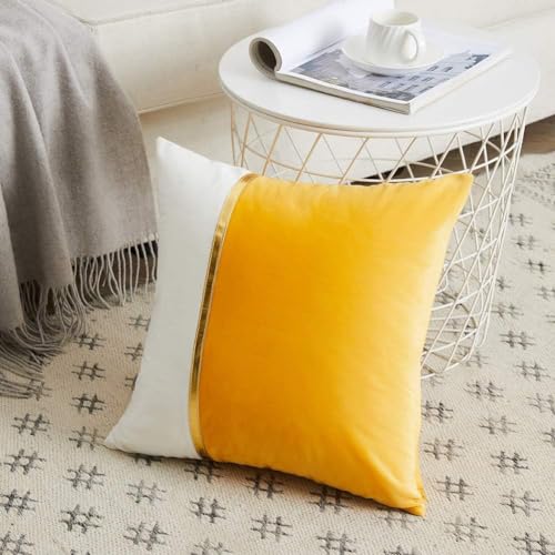 AEROHAVEN™ Set of 2 Premium Velvet with Gold Stripe Decorative Throw Pillow/Cushion Covers with Invisible Zipper - (20 x 20 Inch, Yellow) - Image 2