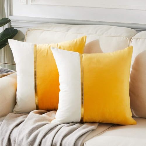 AEROHAVEN™ Set of 2 Premium Velvet with Gold Stripe Decorative Throw Pillow/Cushion Covers with Invisible Zipper - (20 x 20 Inch, Yellow) - Image 1