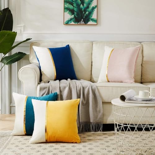 AEROHAVEN™ Set of 2 Premium Velvet with Gold Stripe Decorative Throw Pillow/Cushion Covers with Invisible Zipper - (20 x 20 Inch, Yellow) - Image 3