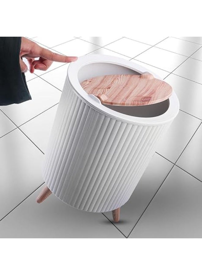 سلة مهملات ديكورية عصرية بغطاء منزلق مبتكر وأرجل خشبية ثابتة، لون أبيض أنيق للتنظيم وإضافة لمسة جمالية للمكاتب وغرف النوم والحمامات-( لون ابيض ) - Image 1