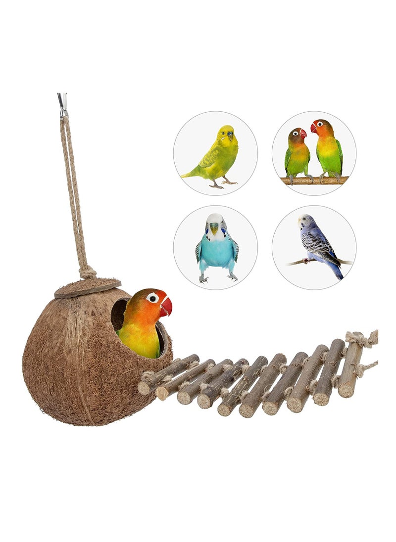 Natural Coconut Fiber Shell Bird Nest Hanging Coconut House Coconut Bird Nest Hut with Ladder Toys for Canary Parrot Parakeet Lovebird