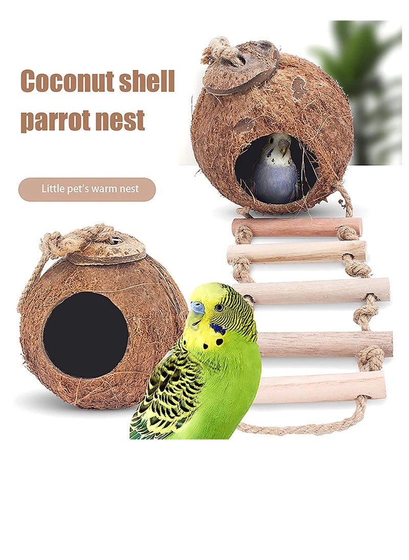 Natural Coconut Fiber Shell Bird Nest Hanging Coconut House Coconut Bird Nest Hut with Ladder Toys for Canary Parrot Parakeet Lovebird