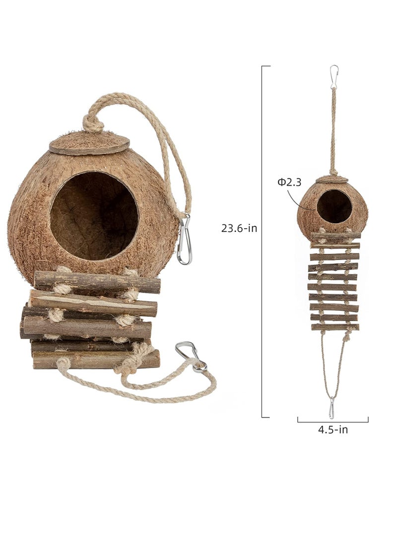 Natural Coconut Fiber Shell Bird Nest Hanging Coconut House Coconut Bird Nest Hut with Ladder Toys for Canary Parrot Parakeet Lovebird
