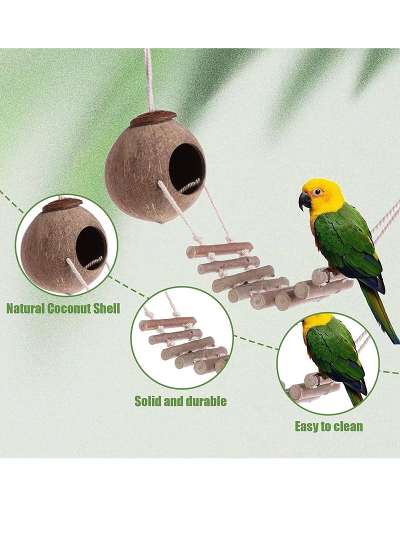 Natural Coconut Fiber Shell Bird Nest Hanging Coconut House Coconut Bird Nest Hut with Ladder Toys for Canary Parrot Parakeet Lovebird