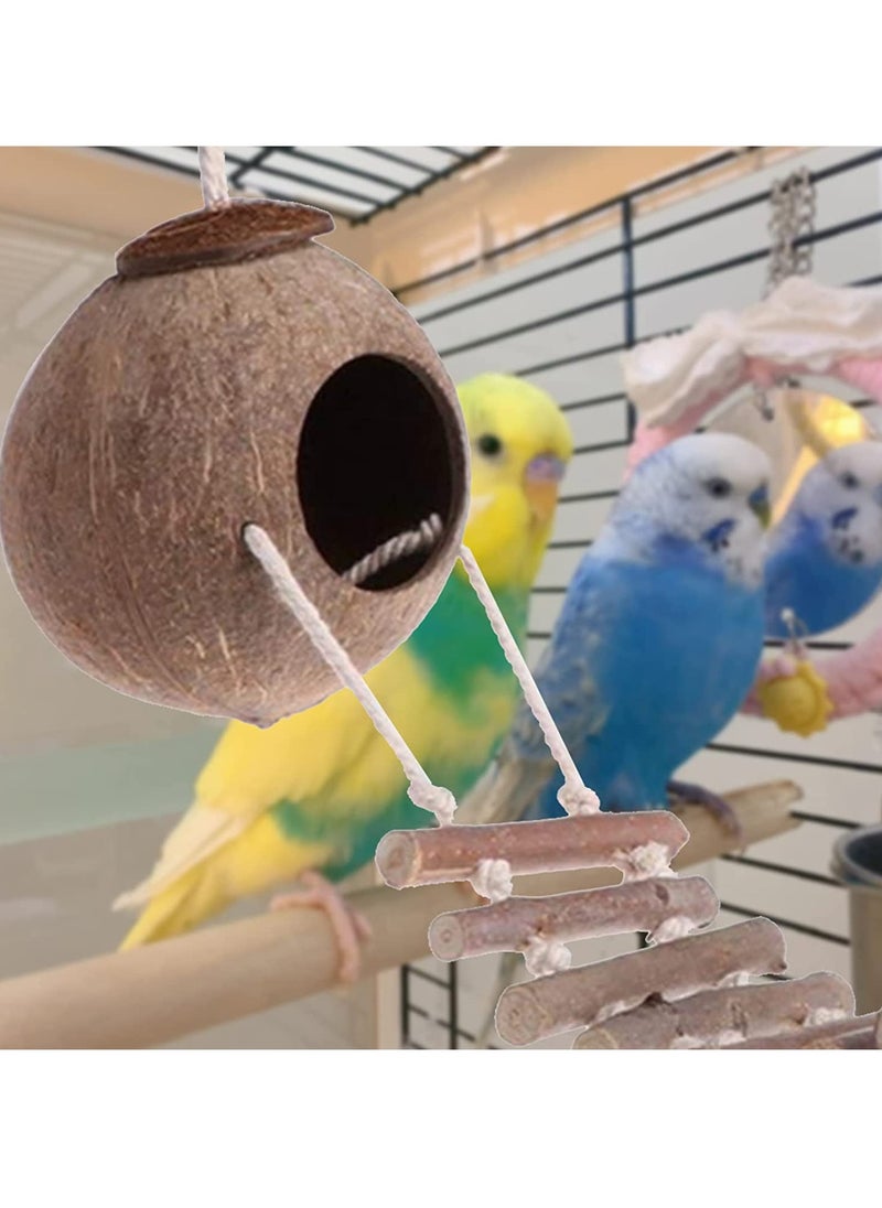 Natural Coconut Fiber Shell Bird Nest Hanging Coconut House Coconut Bird Nest Hut with Ladder Toys for Canary Parrot Parakeet Lovebird