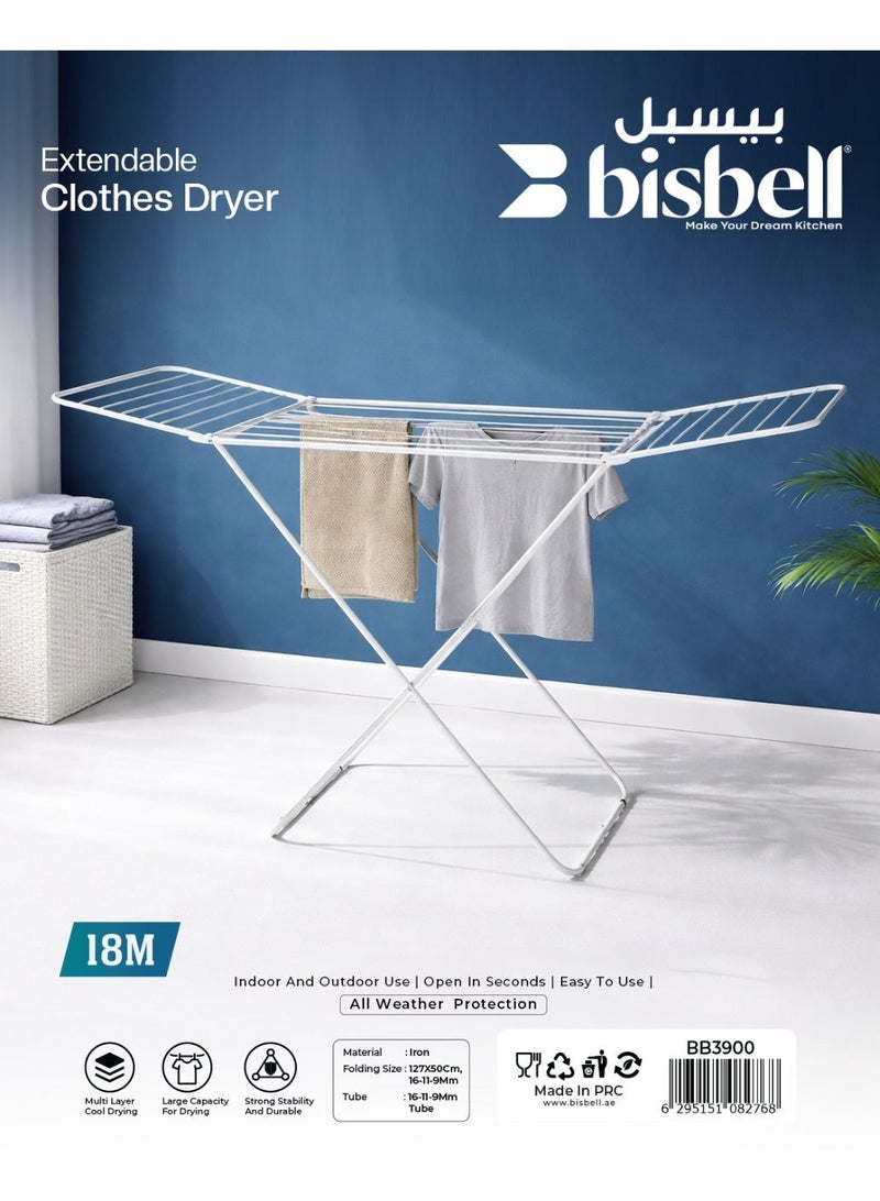 Bisbell Extendable Clothes Drying Rack 18M Folding Laundry Dryer Stand Indoor & Outdoor Heavy Duty Iron Frame White - Image 3