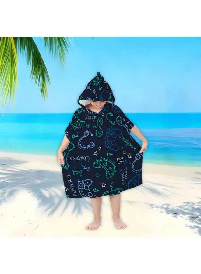 Dark Navy Base Fluorescent Hand Drawn Game Controller E-Sports Doodle Printed Unisex Kids Hooded Quick Dry Poncho Towel, Polyester Soft Water Absorbent Loose Windproof Bath Wrap for All Kids for Beach, Swimming Pool, Hot Spring & Daily Shower - Image 1