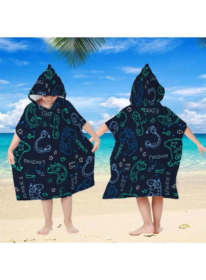 Dark Navy Base Fluorescent Hand Drawn Game Controller E-Sports Doodle Printed Unisex Kids Hooded Quick Dry Poncho Towel, Polyester Soft Water Absorbent Loose Windproof Bath Wrap for All Kids for Beach, Swimming Pool, Hot Spring & Daily Shower - Image 3