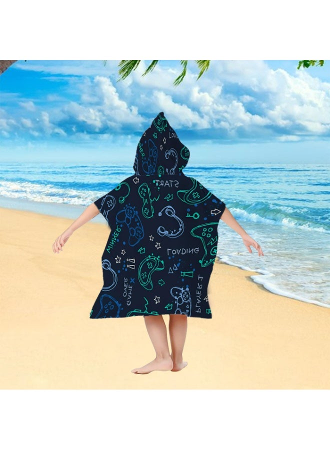 Dark Navy Base Fluorescent Hand Drawn Game Controller E-Sports Doodle Printed Unisex Kids Hooded Quick Dry Poncho Towel, Polyester Soft Water Absorbent Loose Windproof Bath Wrap for All Kids for Beach, Swimming Pool, Hot Spring & Daily Shower - Image 2