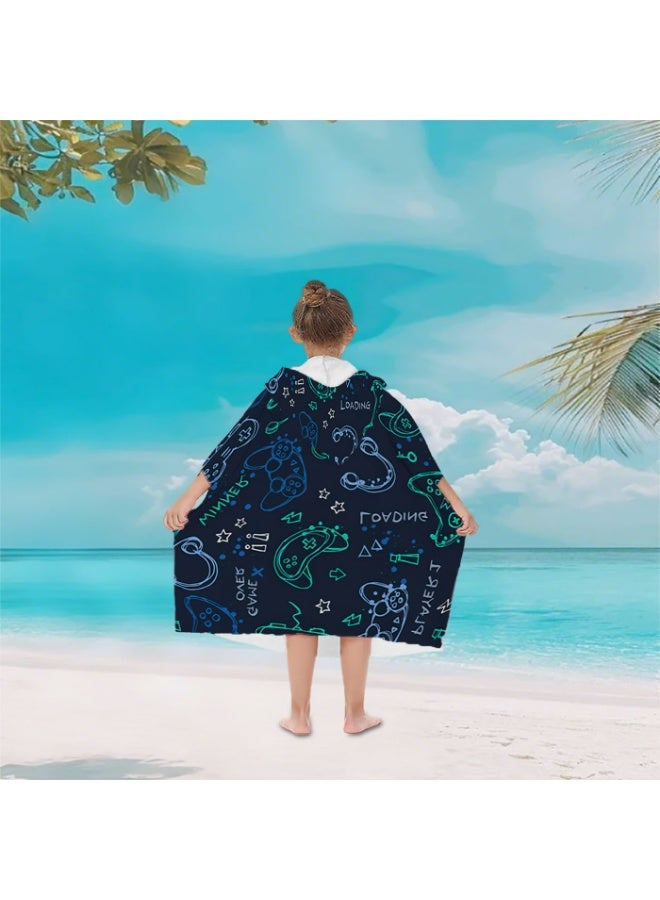 Dark Navy Base Fluorescent Hand Drawn Game Controller E-Sports Doodle Printed Unisex Kids Hooded Quick Dry Poncho Towel, Polyester Soft Water Absorbent Loose Windproof Bath Wrap for All Kids for Beach, Swimming Pool, Hot Spring & Daily Shower - Image 5