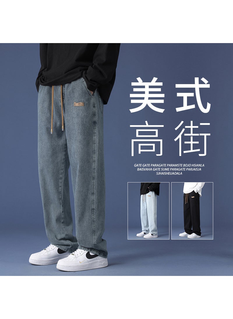 Generic Thickened Denim Jeans Men Autumn Winter Loose Straight Leg Long Pants Retro Casual Trousers Street Style K825 vintage blue 