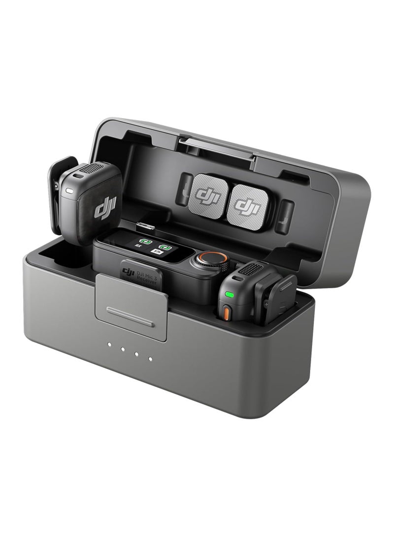 دي جي آي Mic 3 - Wireless Microphone | Multi-User | Noise Cancelling | Compact Size | 28-Hour Battery Life | Up To 4TX + 8RX Collaboration | Dual File & 32-bit Internal Recording | 3-Way Connectivity for Multiple Devices (2 TX + 1 RX + CHARGING CASE) DJI Mic 3 grey - Image 1