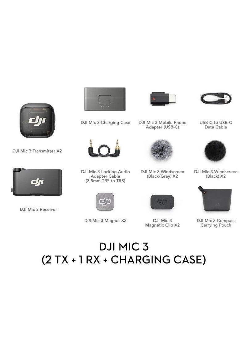 دي جي آي Mic 3 - Wireless Microphone | Multi-User | Noise Cancelling | Compact Size | 28-Hour Battery Life | Up To 4TX + 8RX Collaboration | Dual File & 32-bit Internal Recording | 3-Way Connectivity for Multiple Devices (2 TX + 1 RX + CHARGING CASE) DJI Mic 3 grey - Image 2