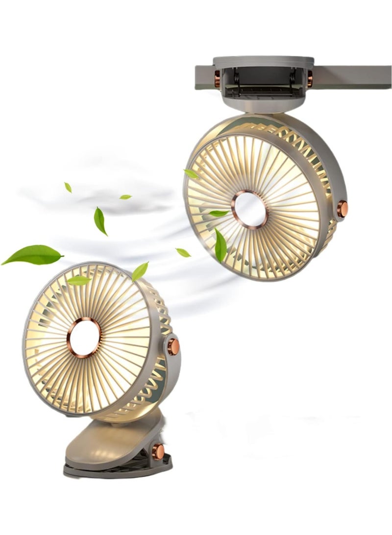 Portable white Clip-On Mini Fan with Night Light, 5 Speed, 720° Rotation, USB Rechargeable 800mAh Battery, Silent Desk Fan for Home, Office, Travel - 6 Inch  - Image 1