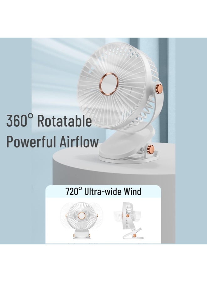 Portable white Clip-On Mini Fan with Night Light, 5 Speed, 720° Rotation, USB Rechargeable 800mAh Battery, Silent Desk Fan for Home, Office, Travel - 6 Inch  - Image 5