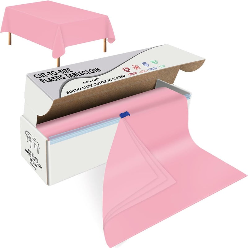 tujol Pink Disposable Plastic Table Cloth Roll 54" X 100', Plastic Table Cover with Cutter Box, Cut to Size Disposable Tablecloth for Parties - Image 1