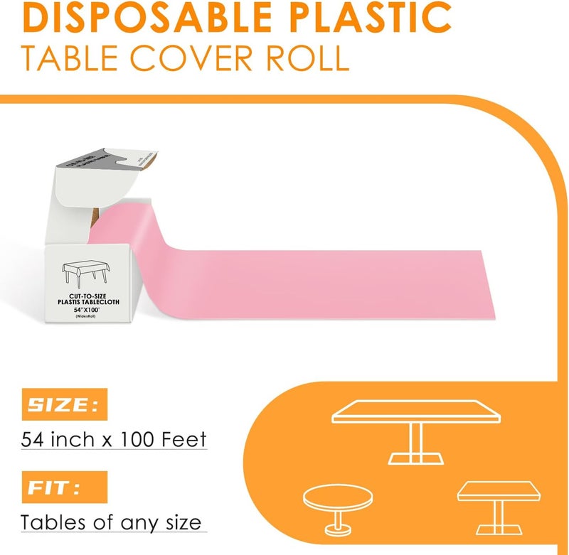 tujol Pink Disposable Plastic Table Cloth Roll 54" X 100', Plastic Table Cover with Cutter Box, Cut to Size Disposable Tablecloth for Parties - Image 2
