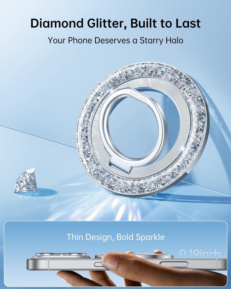 SYNCWIRE Magnetic Phone Ring Holder for MagSafe - Glitter Phone Grip Stand with 360Â° Rotation & Reinforced Hinge, Compatible with iPhone 16 15 14 13 Pro Max Plus MagSafe Accessories - Glitter Silver - Image 4