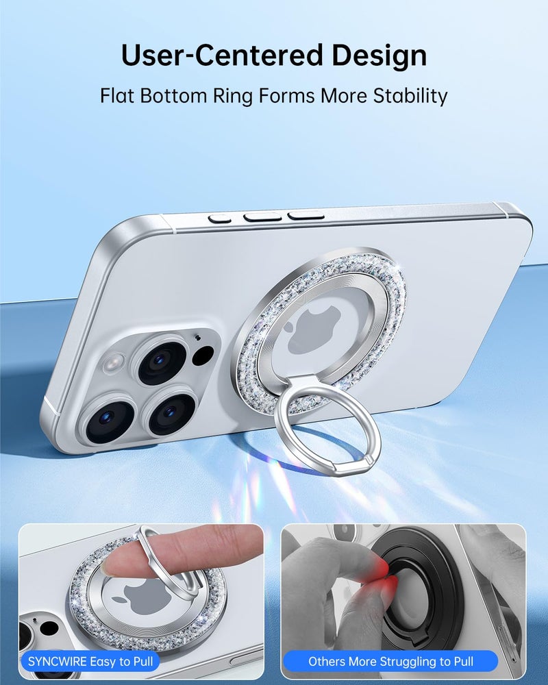 SYNCWIRE Magnetic Phone Ring Holder for MagSafe - Glitter Phone Grip Stand with 360Â° Rotation & Reinforced Hinge, Compatible with iPhone 16 15 14 13 Pro Max Plus MagSafe Accessories - Glitter Silver - Image 5