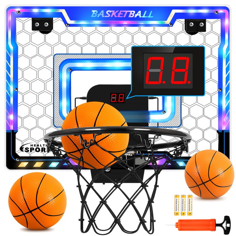 AOKESI Mini Basketball Hoop Indoor with Scorer and BatteriesInside Basketball Hoop Over The Door with Colorful LED LightingToy Basketball Gifts for Boys Girls Teens Adults Blue - Image 2