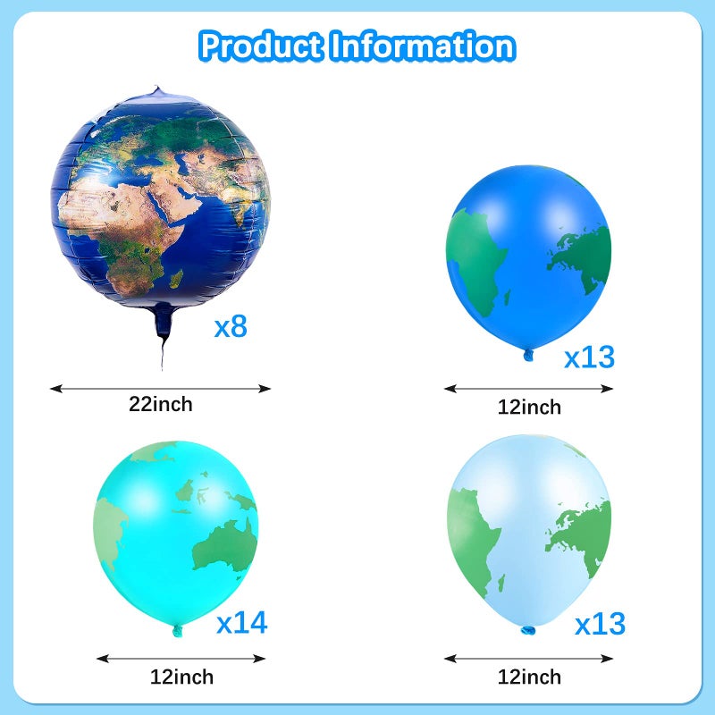 Zhanmai 48 Pcs Globe Balloons, 8 Pcs 22 Inch and 40 Pcs 12 Inch World Map Planet Foil Latex Balloons for Earth Day Decorations, Travel Party Around the World Party Decorations - Image 2