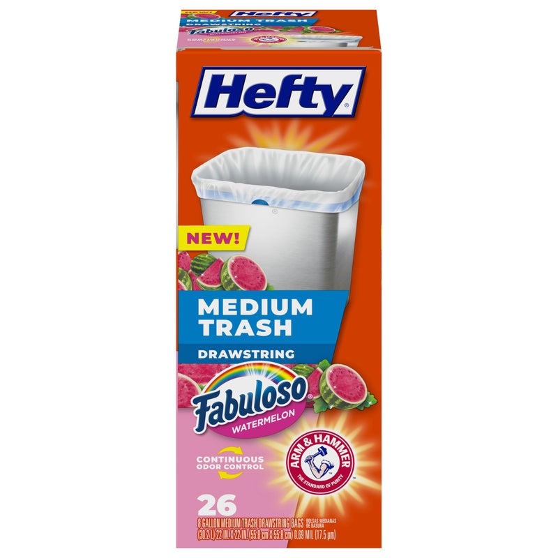 Hefty Medium Trash Bags, Fabuloso Watermelon Scent, 8 Gallon, 26 Count - Image 1