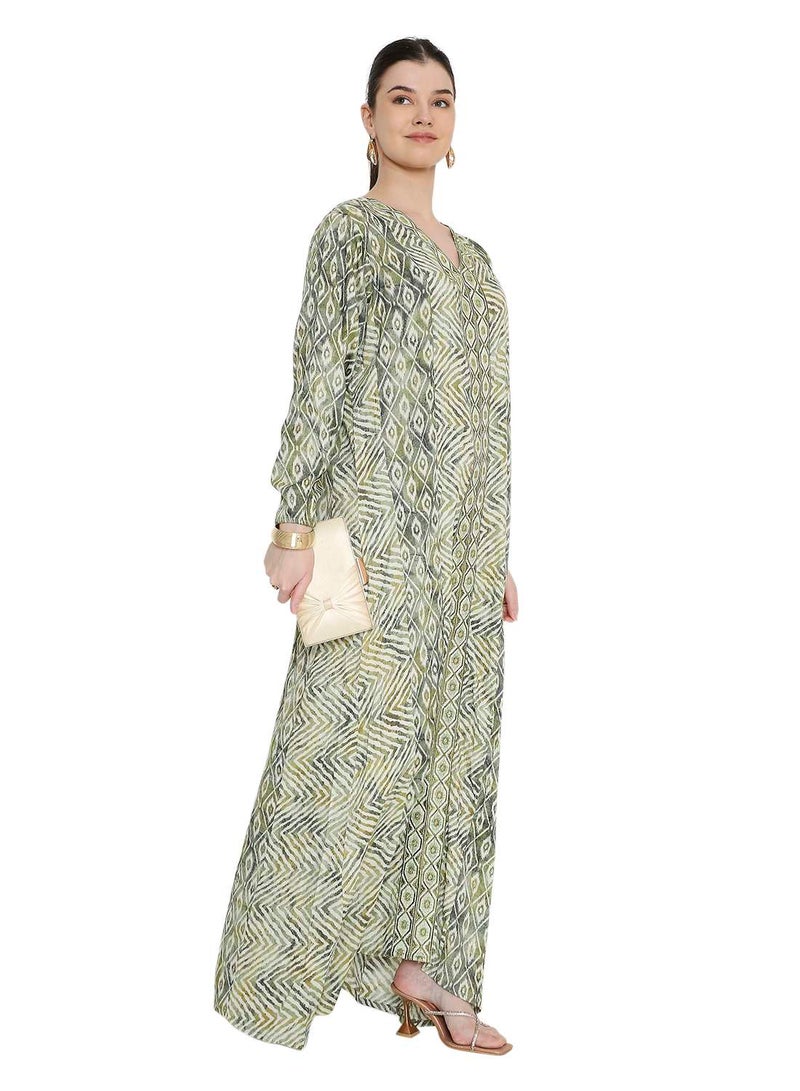 هانا آند سارا جلابيات عصرية مطبوعة باللون الأخضر الزيتوني للنساء - Image 1