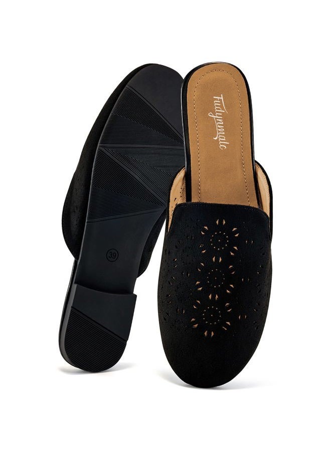 FUDYNMALC Womens Mules Flats Shoes: Casual Closed Toe Suede Backless Loafers Comfortable Dressy Slip-on Slides Footwear, Black, 6.5