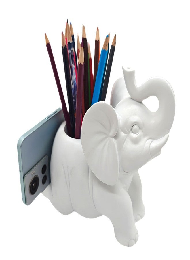 MONMOB DIY Elephant Pencil Holder with Phone Stand, White, Tabletop Mount, Lacquered Finish, Ideal Gifts for Women, Mom or Birthdays - Image 1