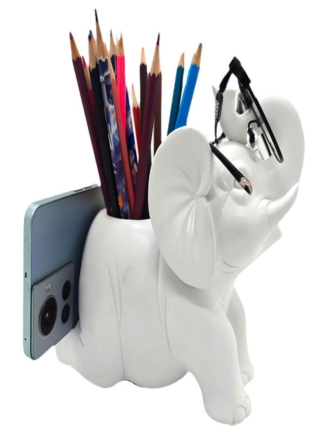 MONMOB DIY Elephant Pencil Holder with Phone Stand, White, Tabletop Mount, Lacquered Finish, Ideal Gifts for Women, Mom or Birthdays - Image 2