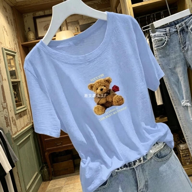 Summer New Style 100% Bamboo Cotton Short-Sleeved T-Shirt for Women, Round Neck, Loose, Pure Cotton, Age-Reducing, Loose, Thin, Korean Style Top - Image 2