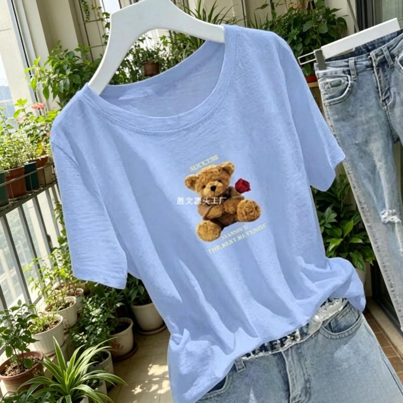 Summer New Style 100% Bamboo Cotton Short-Sleeved T-Shirt for Women, Round Neck, Loose, Pure Cotton, Age-Reducing, Loose, Thin, Korean Style Top - Image 3