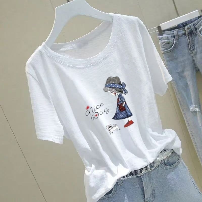 Summer New Style 100% Bamboo Cotton Short-Sleeved T-Shirt for Women, Round Neck, Loose, Pure Cotton, Age-Reducing, Loose, Thin, Korean Style Top - Image 1