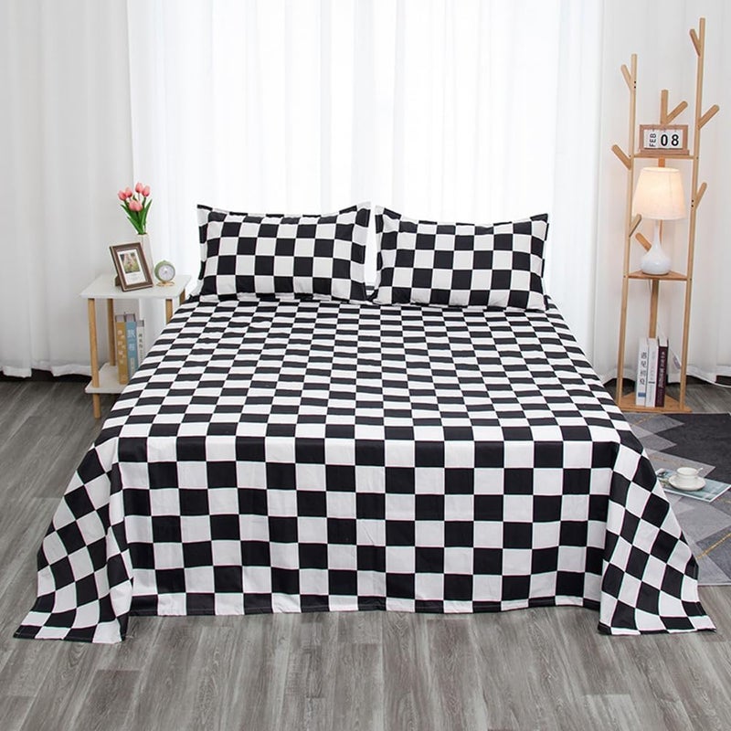 KAREVER Black Grid Bed Sheet Set Black White Plaid 4 Pieces Bedding Sheet Set 1 Fitted Sheet 1 Flat Sheet with 2 Pillowcases Black Chceckered Queen Size - Image 2