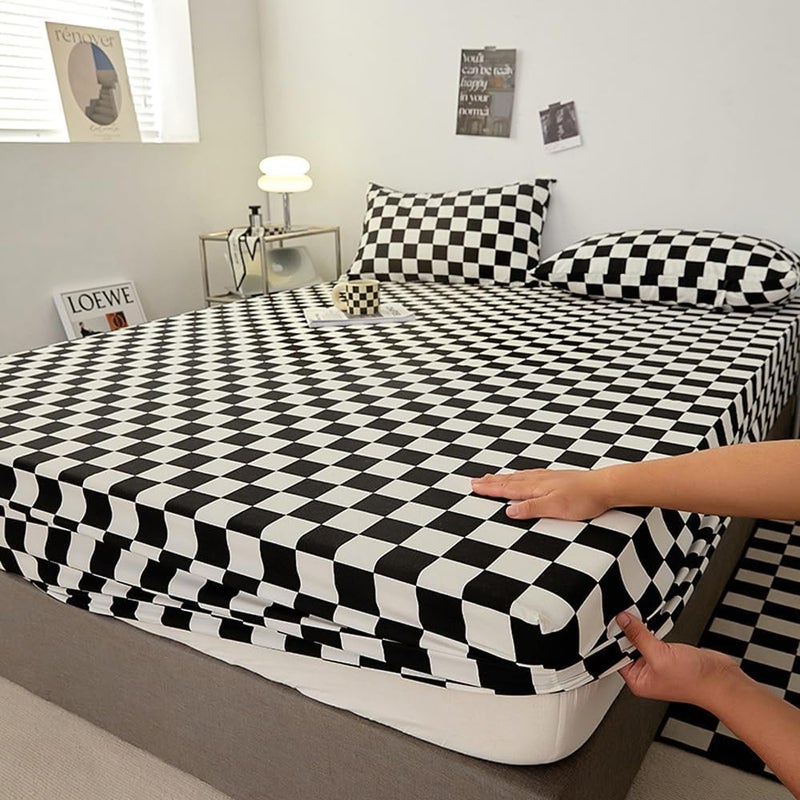 KAREVER Black Grid Bed Sheet Set Black White Plaid 4 Pieces Bedding Sheet Set 1 Fitted Sheet 1 Flat Sheet with 2 Pillowcases Black Chceckered Queen Size - Image 3