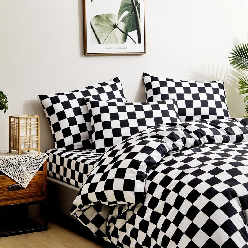 KAREVER Black Grid Bed Sheet Set Black White Plaid 4 Pieces Bedding Sheet Set 1 Fitted Sheet 1 Flat Sheet with 2 Pillowcases Black Chceckered Queen Size - Image 5