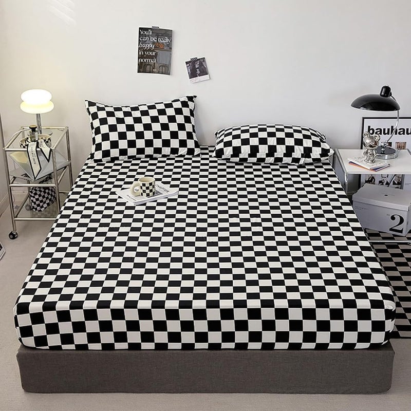 KAREVER Black Grid Bed Sheet Set Black White Plaid 4 Pieces Bedding Sheet Set 1 Fitted Sheet 1 Flat Sheet with 2 Pillowcases Black Chceckered Queen Size - Image 1