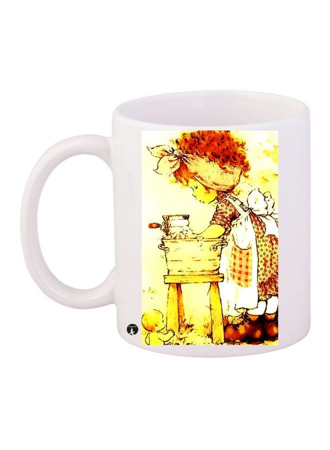 RYN Cartoon Girl Printed Coffee Mug White/Yellow/Brown 11ounce