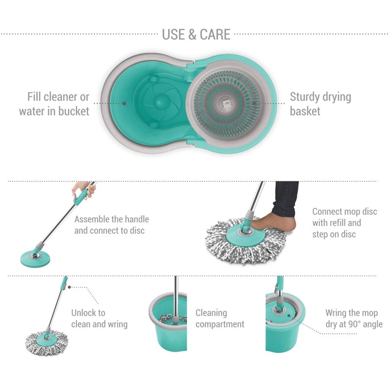 Spotzero by Milton Spotzero By Milton Microfiber Wheely Spin Mop with Puller Handle Bucket Pocha for Floor Cleaning and Mopping System 360 Flexible1 Microfiber Refills Big Size Aqua Green  - Image 5