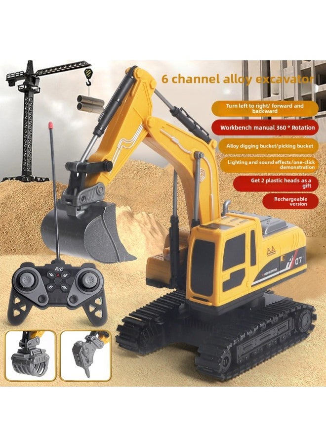 Children's Large Spray Remote Control Excavator Simulation Model Alloy Remote Control Car Electric Educational Boy Toy-Color:Yellow 6-way Light Charging Version - Alloy Head + 2 Plastic Heads [color Box]