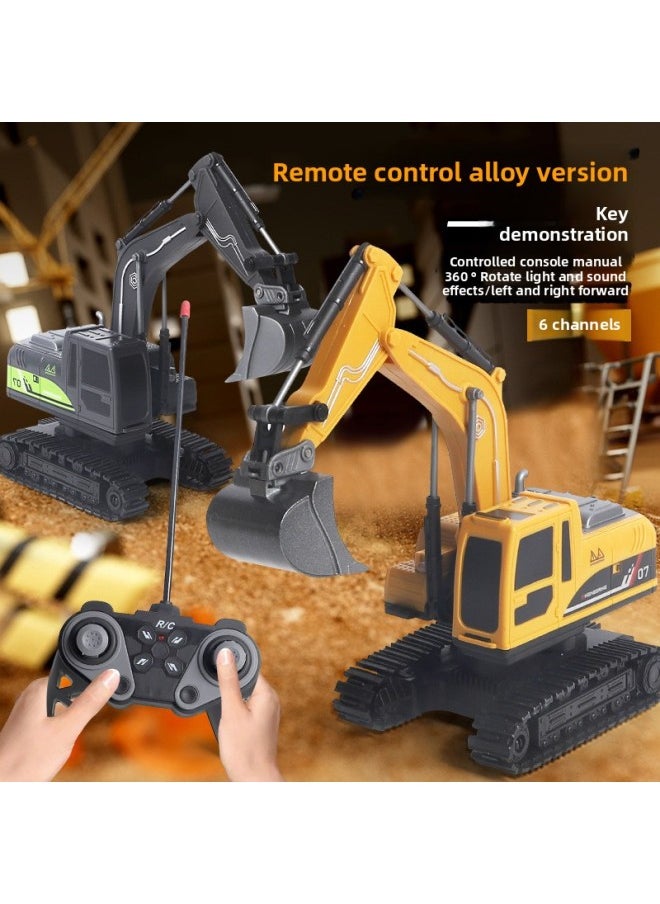 Children's Large Spray Remote Control Excavator Simulation Model Alloy Remote Control Car Electric Educational Boy Toy-Color:Yellow 6-way Light Charging Version - Alloy Head + 2 Plastic Heads [color Box]