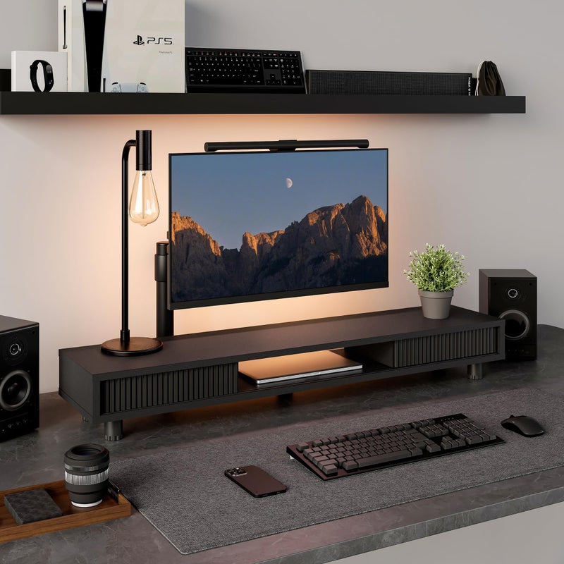 Fenge Dual Monitor Stand, 42.5inch Long Monitor Stands Riser for 2 Monitors, Sliding Door with Storage Organizer Stand for Desk, 2 Tier Desk Shelf for Laptop, Pc, Printer, Computer, TV - Image 3