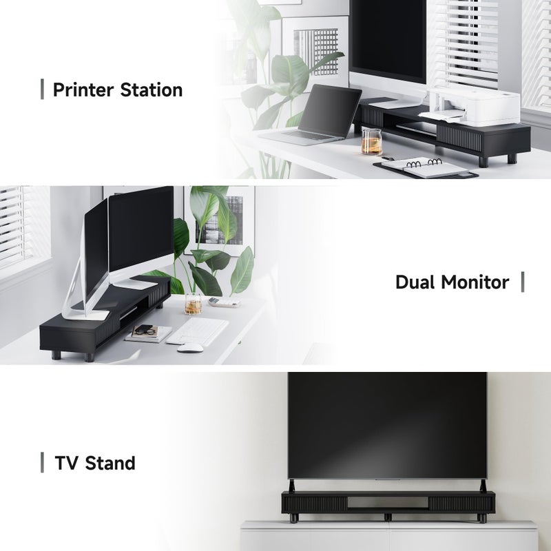 Fenge Dual Monitor Stand, 42.5inch Long Monitor Stands Riser for 2 Monitors, Sliding Door with Storage Organizer Stand for Desk, 2 Tier Desk Shelf for Laptop, Pc, Printer, Computer, TV - Image 5