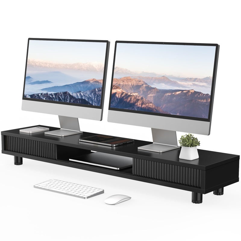 Fenge Dual Monitor Stand, 42.5inch Long Monitor Stands Riser for 2 Monitors, Sliding Door with Storage Organizer Stand for Desk, 2 Tier Desk Shelf for Laptop, Pc, Printer, Computer, TV - Image 1