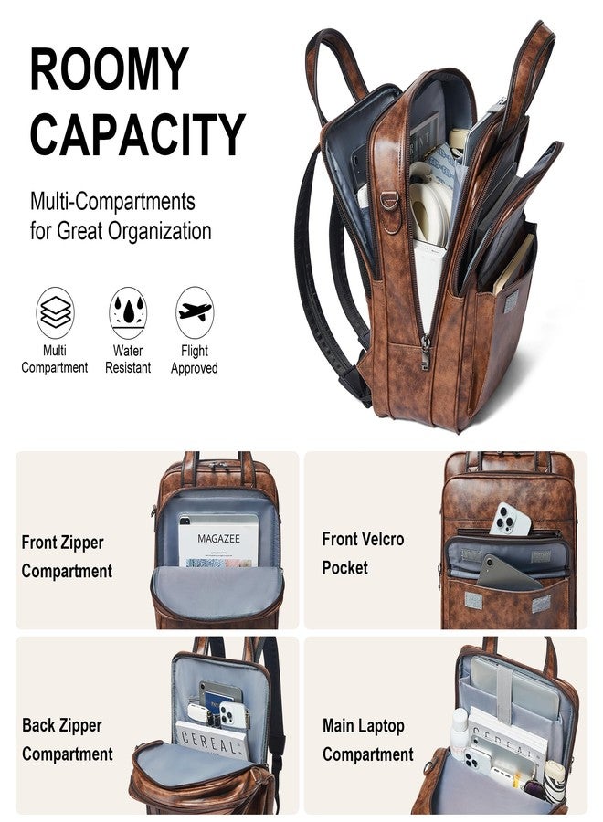 Shrrie Laptop Backpack for Women and Men, 15.6 Inch Vegan Leather Computer Backpack Professional Water-Resistant Casual Daypack for Work Business College Travel Office,Two-toned Brown - Image 3