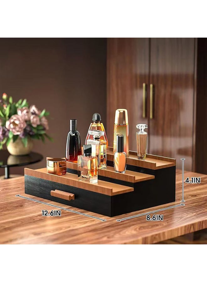 3 Tier Wooden Cologne Organizer for Men, Organizer Display Risers, Perfume Display Rack and Drawer Storage Organizer Tray, Men's Gift (Brown&Black-3 Tier) - Image 3