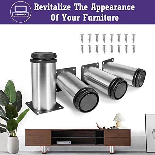 Masendelk 5 Inch Metal Furniture Legs Stainless Steel Adjustable Legs Silver Metal Legs Round Cabinet Legs for Coffee Table Cabinet Desk Sofa Shelves, Pack of 4 - Image 2