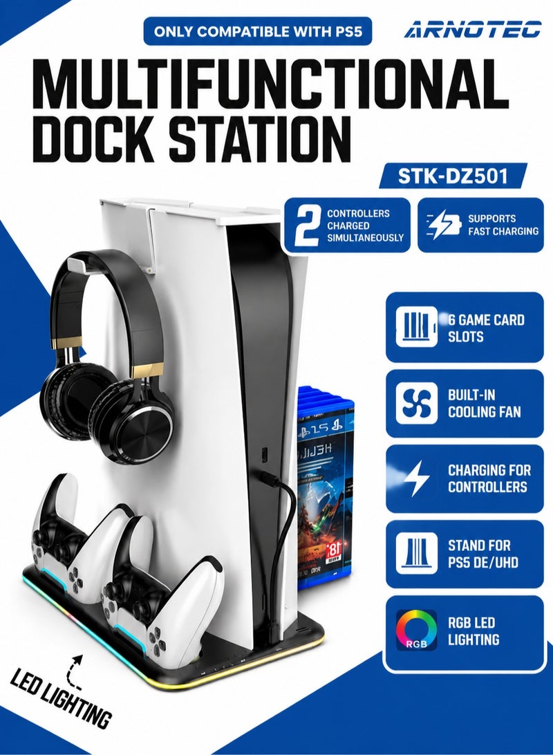 ARNOTEC PS5 Controller Charging Dock with Cooling Fan, RGB LED Vertical Stand for PlayStation 5, DualSense Charger, Console Support Base & Game Organizer – STK-DZ501 - Image 1